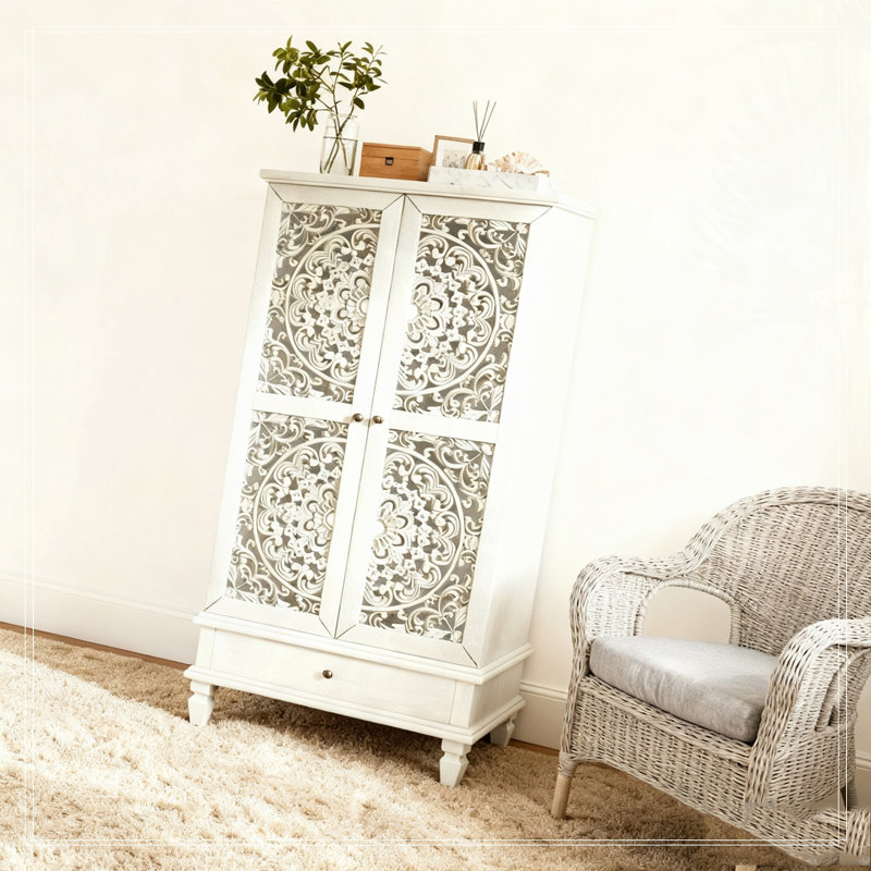 Armoire de rangement de 55 po de hauteur avec tiroir et 2 portes en bois sculpté avec pieds en bois massif, Blanchies