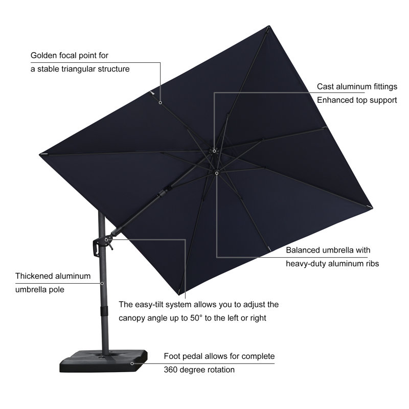 Rocshelle Square Right-left Tilt Swivel Cantilever Umbrella with Base and 360-degree Rotation, Navy, 100.32"H x 120"W x 120"D