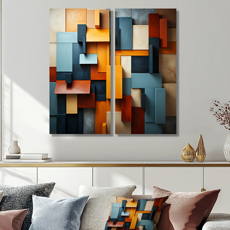 Cubist Harmony Tones Collage - Décoration murale cubisme abstrait, H 32 po x l 32 po, Ne s’applique pas