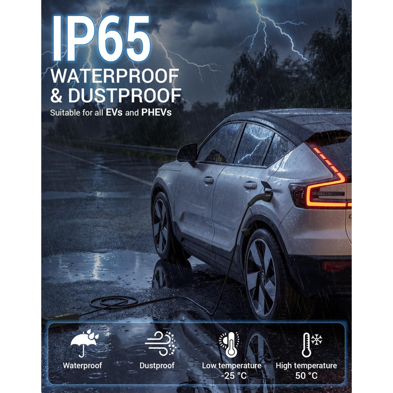 Ev Charger, Type 2 To 3 Pin Plug Portable Mode 2, 6/8/10/13A Adjustable, 3.3Kw, 10 Metres, Lcd Display, Waterproof, Timed Charging, Electric & Hybrid Vehicles