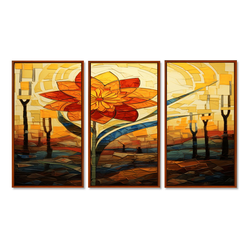 Ensemble de salon art mural rouge et jaune, H 40 po x l 60 po x P 1 po, Cadre flottant brun