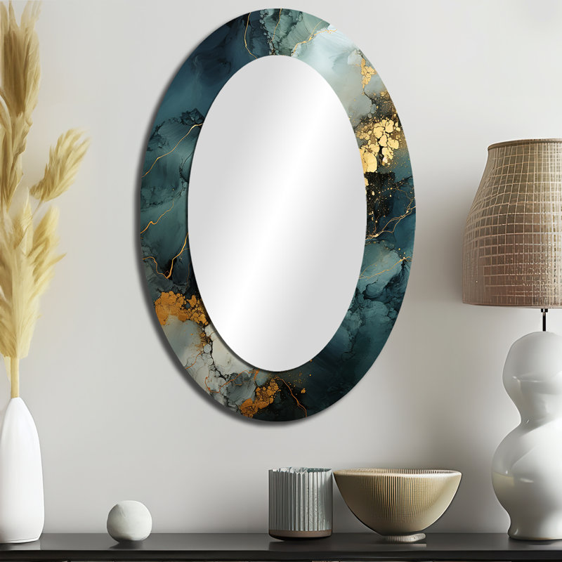 Gold And Green Abstract Marble Design I - Modern Oval Wall Mirror, 36" x 24"