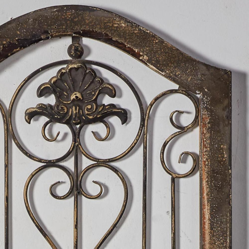 Wood Distressed Door Panel Scroll Brown Wall Decor with Metal Wire Details