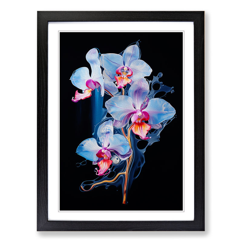 Orchid Flower Gestural No.3 - Single Picture Frame Print on Wood, 64cm H x 46cm W x 2cm D, Black
