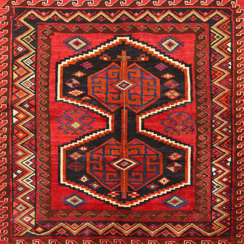 Tapis traditionnel rouge / noir / jaune clair, Carré 4 pi