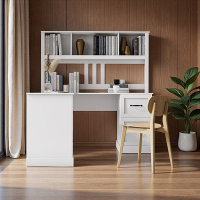 Bureau d'ordinateur avec huche, bureau blanc antique avec tablette de rangement, table d'étude imperméable et résistante aux rayures pour la chambre ou le bureau