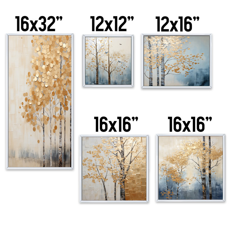 Minimalisme Golden Trees Harmony III - Ensemble de 5 reproductions d'art mural Trees, Cadre flottant blanc