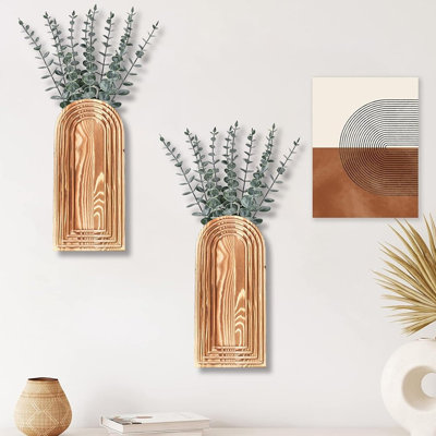 Ensemble de 2 vases muraux en bois, décoration murale de style campagnard et bohème brun, vases à fleurs suspendus pour entrée, salon, salle de bain, couloir et salle à manger