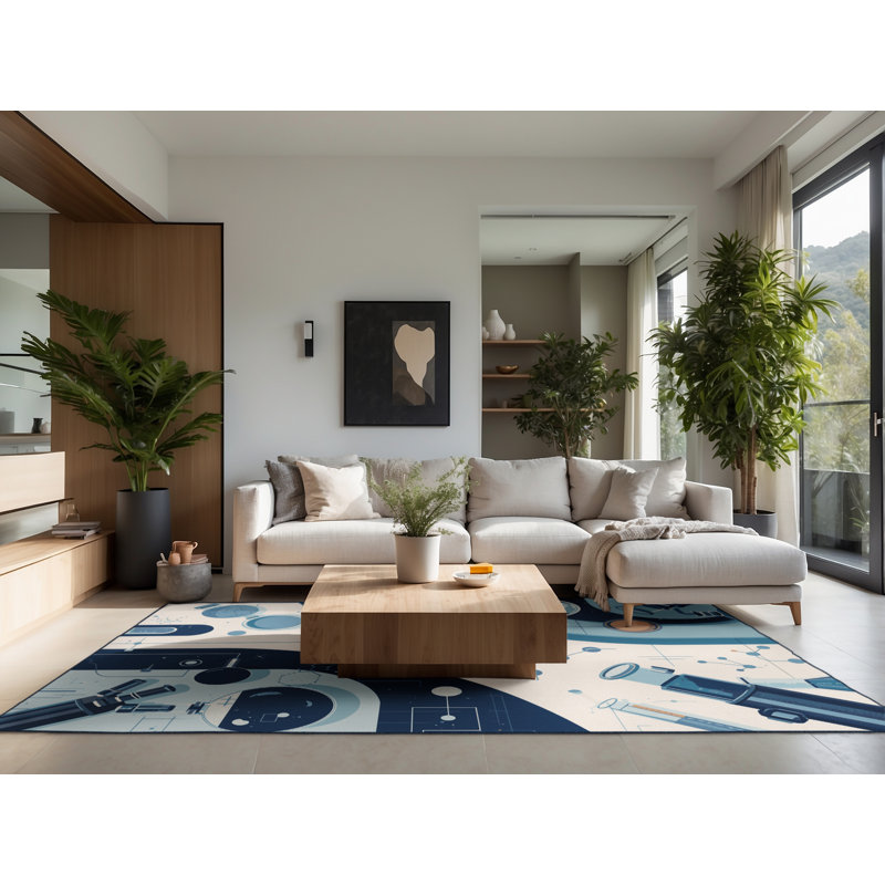 Soft Plush Ormes Laboratory Scene Modern & Contemporary Area Rug in Green – Navy Binding, 2x5