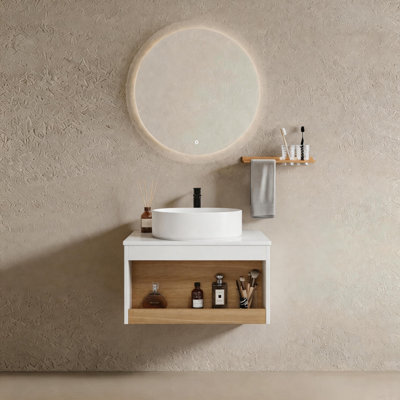  Meuble-lavabo flottant 24 po, lavabo vasque blanc brillant, base en chêne clair