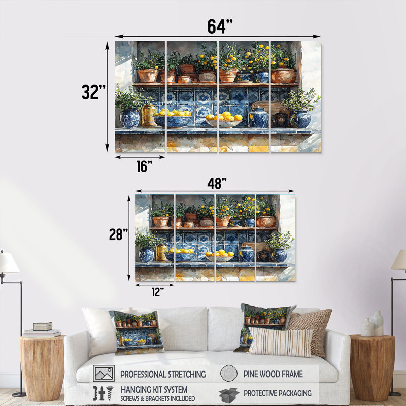 Bleu et jaune, cuisine grecque, ensemble d'art mural sur toile de cuisine, H 28 po x l 48 po
