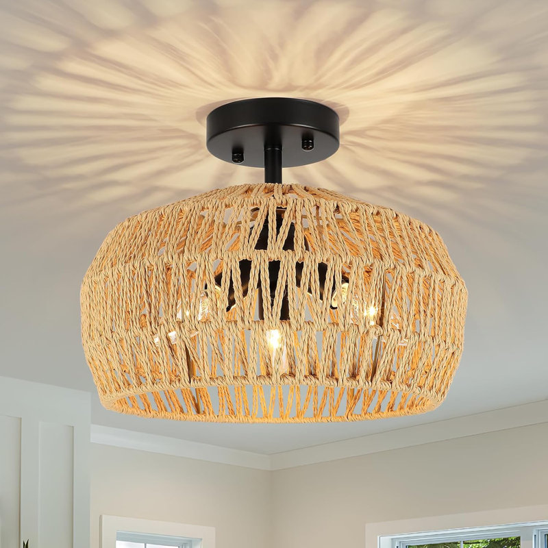Boho Rattan Ceiling Light Fixture, Semi Flush Mount Woven Chandelier, Rustic Farmhouse Lighting For Bedroom, Kitchen, Hallway, Entryway