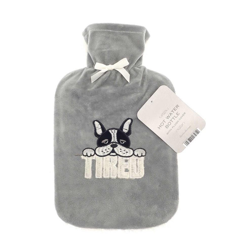 Plush Sherpa Reverse Tired Dog Grey Hot Water Bottle