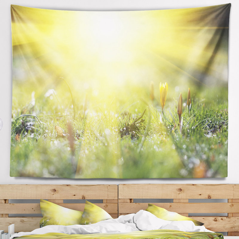 Paysage, coucher de soleil brillant au-dessus d'une tapisserie de fleurs printanières, H 68 po x l 80 po