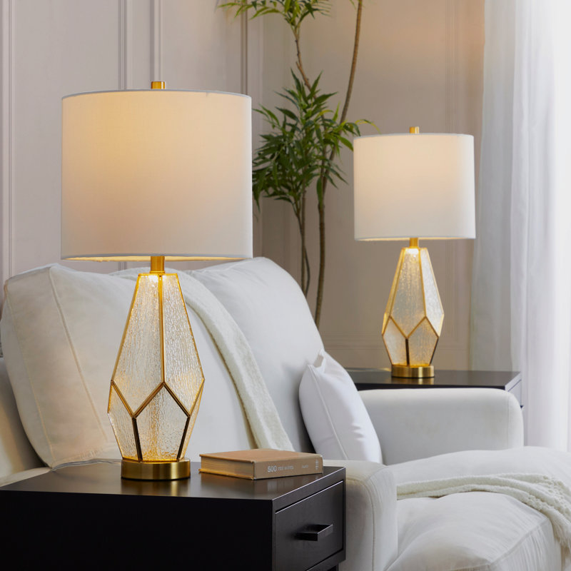Lampe de table en verre 25 "en métal doré et verre blanc avec abat-jour en lin blanc - ensemble de 2, Doré / Blanc