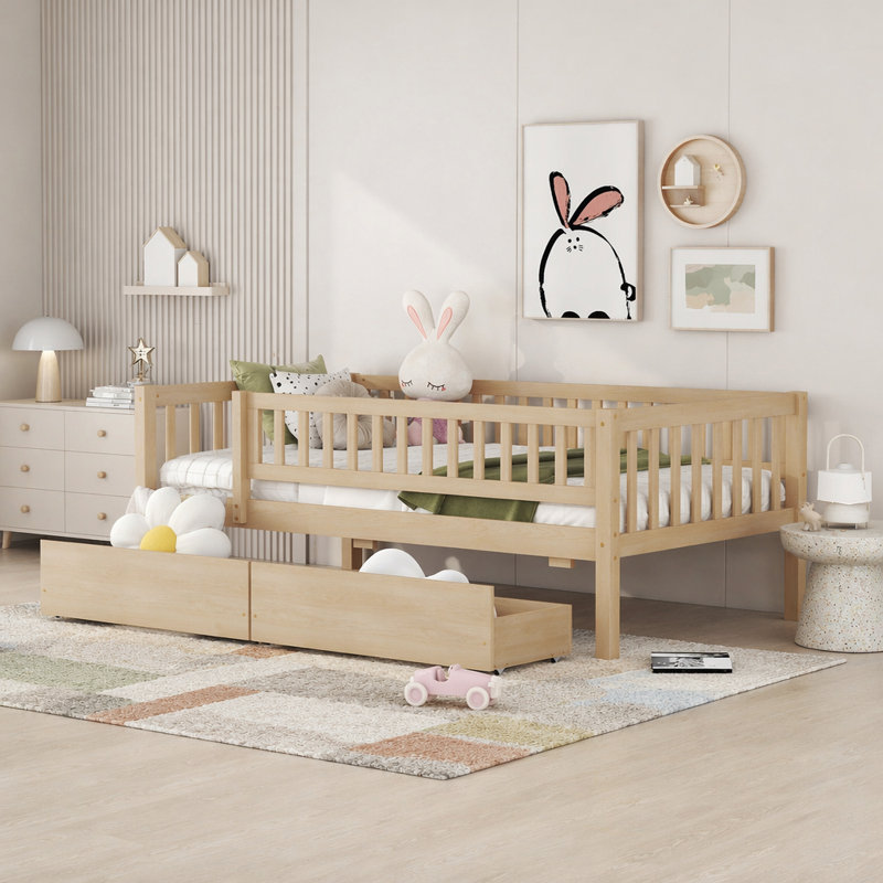 Lit de jour simple avec tiroirs de rangement spacieux et fabrication en bois massif, Lit simple, Naturel