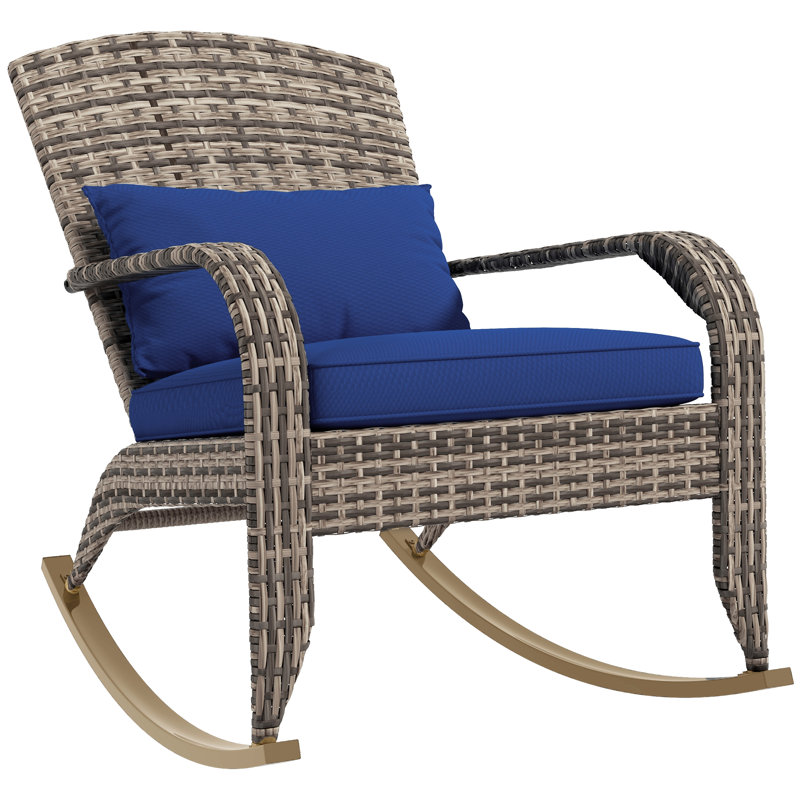 Fauteuil à bascule d'extérieur en osier, avec dossier haut, pour véranda ou balcon, bleu foncé, Blue Cushion/Grey Frame