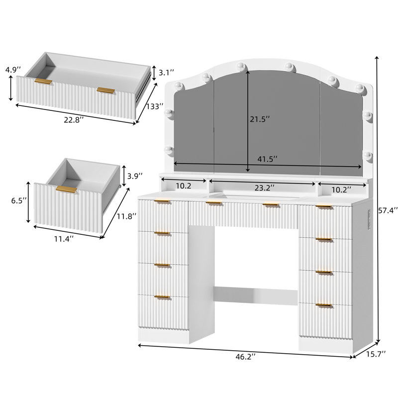 9-drawer Large Makeup Vanity With Lights And Power Outlets