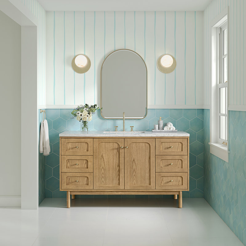 Laurent 60"W Single Vanity W/ Freepower Wireless Charger, Eternal Jasmine Pearl, Light Natural Oak
