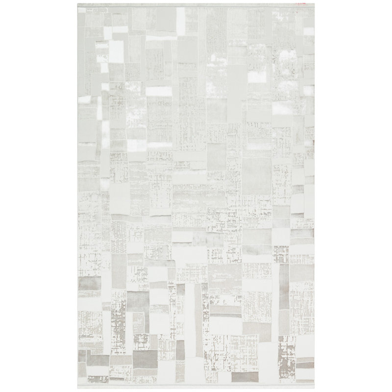Tapis gris / blanc en polyester tissé à la machine 6 pi 7 po x 9 pi 6 po, Rectangle 2 pi 7 po x 4 pi 11 po