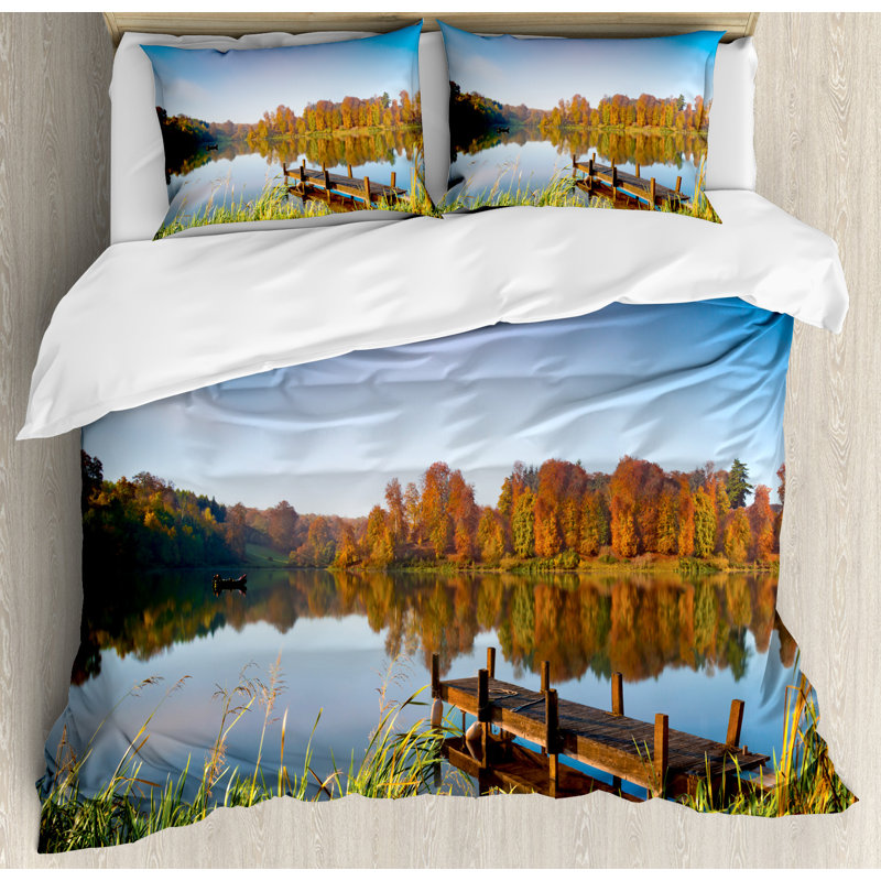 Multicolor Lake View Countryside Queen Duvet Cover Set