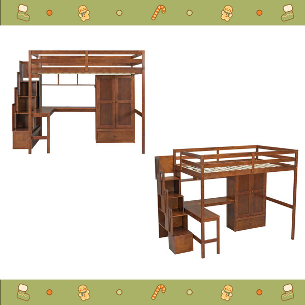 Harriet Bee Full Size Loft Wood Bed With Desk, Book Shelves And ...
