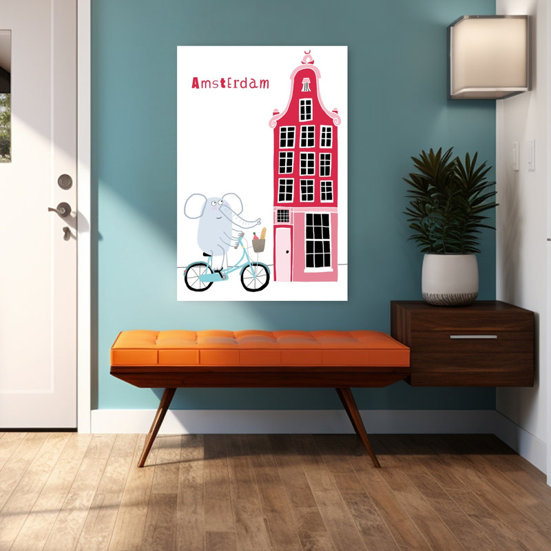 «Whimsical Amsterdam Elephant Ride Playful Whimsical Abstract Elephant City Architecture», reproduction d'art murale