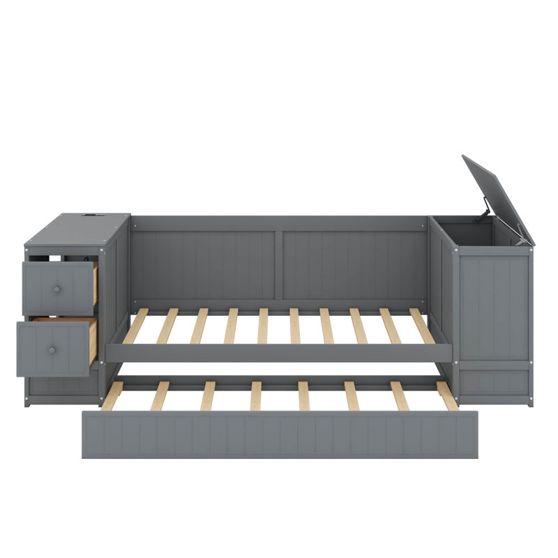 Twin Size Daybed With Storage Arms, Trundle And Charging Station, Gray