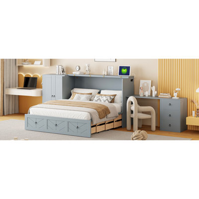 Grand lit gris avec option, espace généreux et armoire polyvalente / bureau intégré, grand espace de rangement combiné