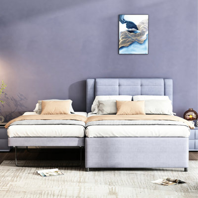 Grey Full Bed With Foldable Trundle. Solid Pine Wood + Frame. No Box Spring. Simple Installation Upholstered Platform Adjustable Trundle - Elegant Design