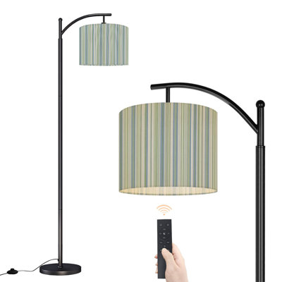 Lampe sur pied à arc avec abat-jour réglable à rayures verticales vert doux et bleu, tons neutres, lampe sur pied minimaliste, 3 températures de couleur, intensité variable, lampe sur pied avec interrupteur au pied pour la chambre à coucher