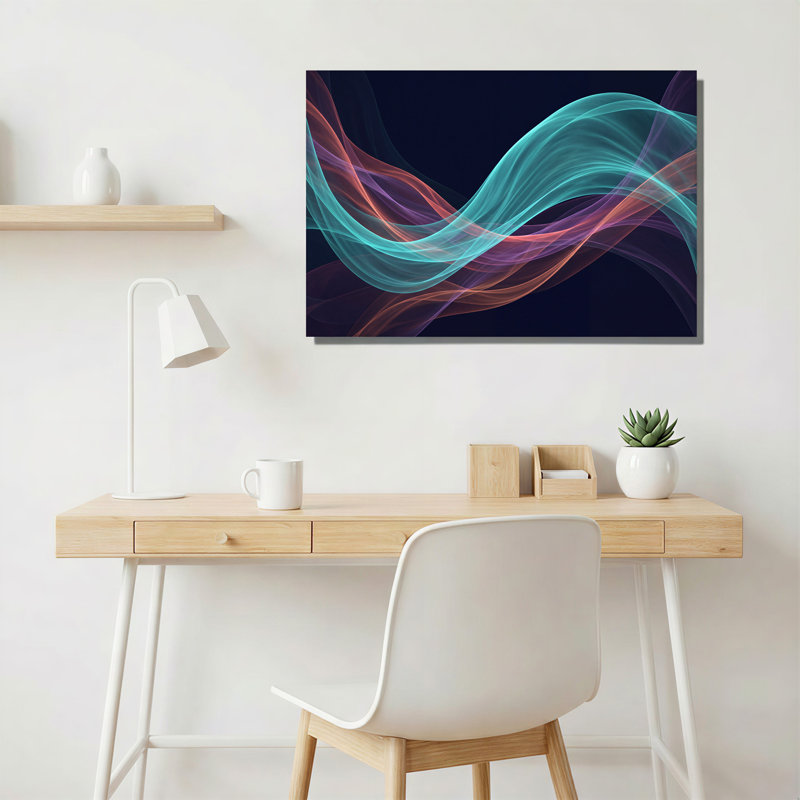 Art mural sur toile bleu sarcelle, rubans mauves et orange, H 16 po x l 24 po