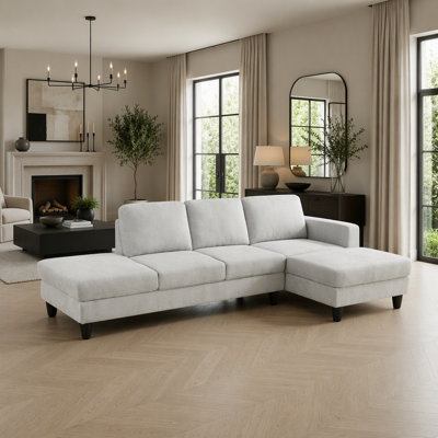 101.5" Grey White 2-Piece Linen L-Shaped Sectional Sofa with Right Chaise & Ottoman