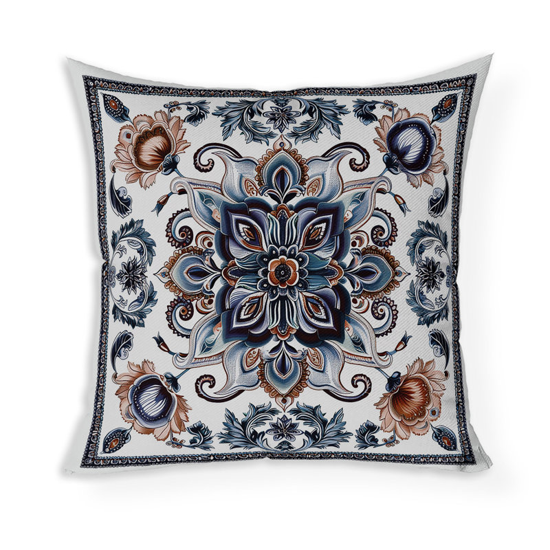 Coussin Leafy Bouquet, Bleu / Orange, H 16 po x l 16 po