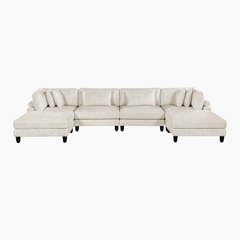 Canapé modulaire moderne 6 pièces de 160 po avec 2 repose-pieds, coussins réversibles et revêtement en velours côtelé Loowit - Comprend 6 coussins