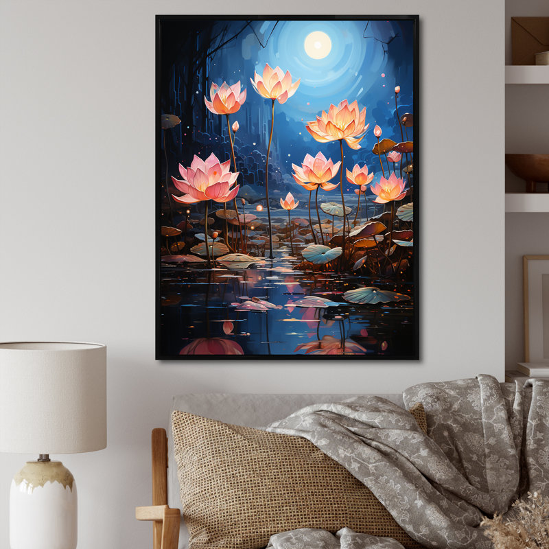 Fleur de lotus entre les blocs de Lilly II sur toile, H 44 po x l 34 po x P 1,5 po, Cadre flottant noir
