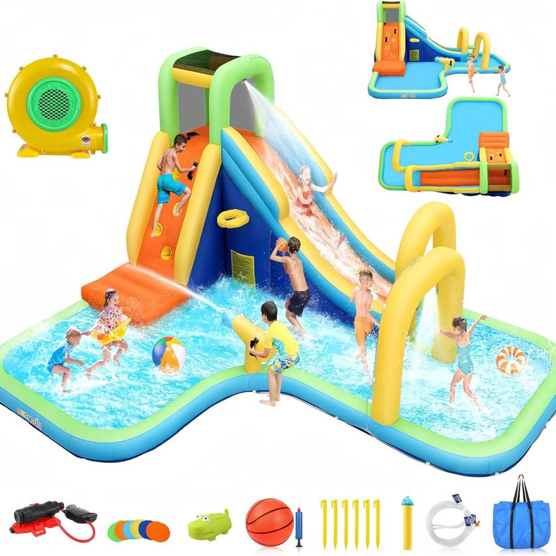 Parc aquatique gonflable 8 en 1 avec canons à eau | Longue glissade | Arche | Splash Pool | Mur d'escalade | Panier de basketball avec souffleur
