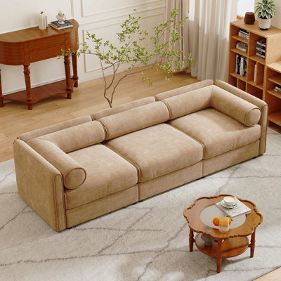 Élégant canapé en chenille de couleur chameau avec siège de rangement, dossier cylindrique et accoudoirs, canapé contemporain en tissu 3 places avec compartiment de rangement caché