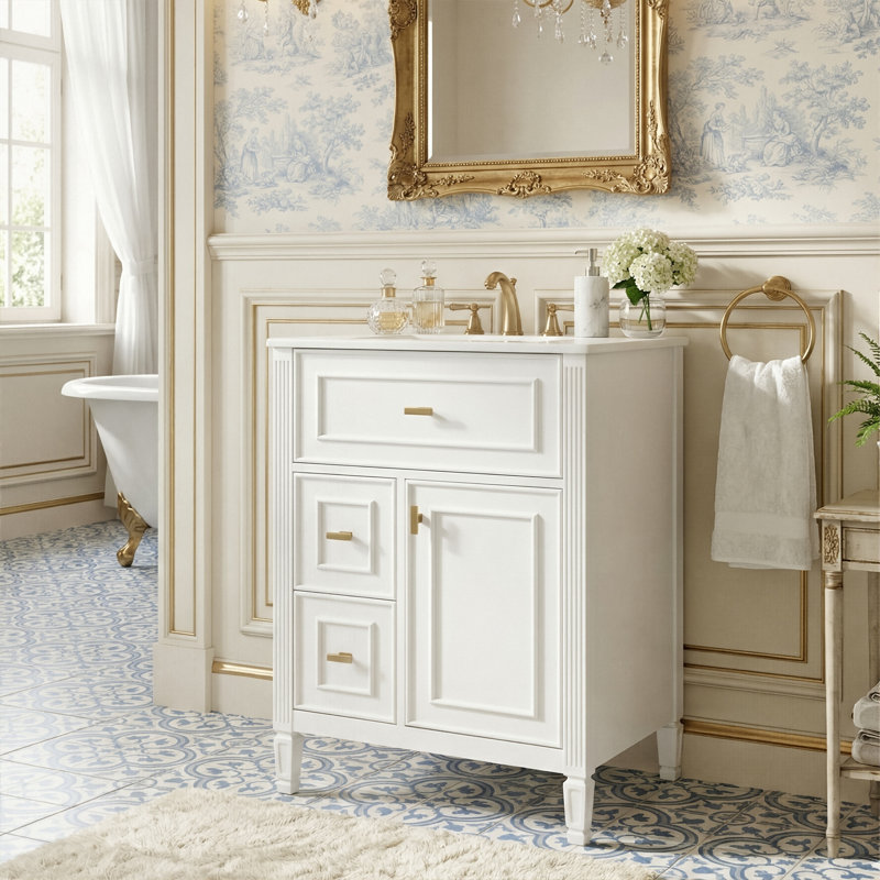 24" Modern Farmhouse Vanity Set, Solid Wood & MDF Cabinet With Gold Handles, Ceramic Top & 3-Drawer Storage, White