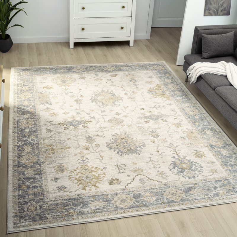 Fresnal Ivory/Blue Traditional Damask Performance Woven Indoor Area Rug, 6' x 9'