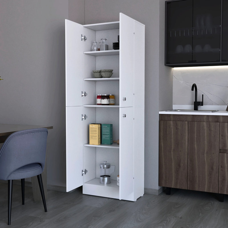 Garde-manger blanc avec 5 tablettes polyvalentes et 4 portes pour la cuisine, Blanc