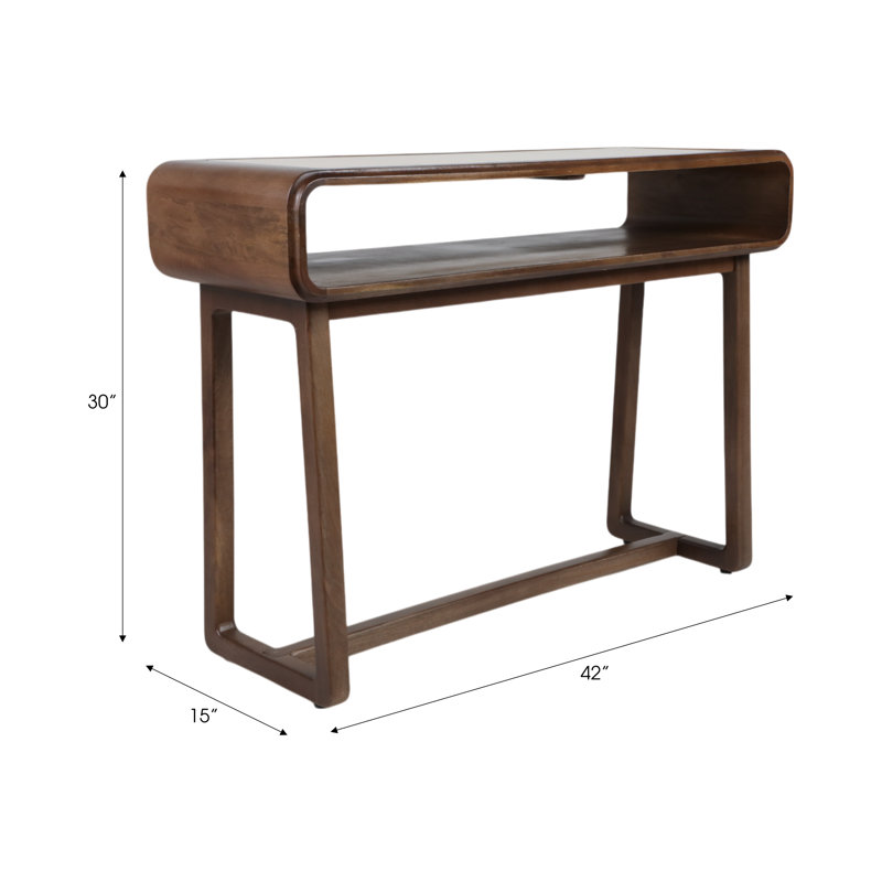 Modern Mango Wood & Travertine Console Table With Open Shelf And Sleek Curved Design