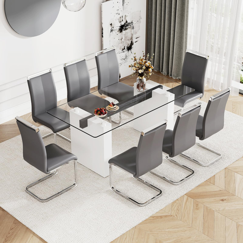 Ensemble de table de salle à manger pour 8 personnes, table de cuisine et chaises avec plateau en verre trempé, chaises rembourrées, style moderne