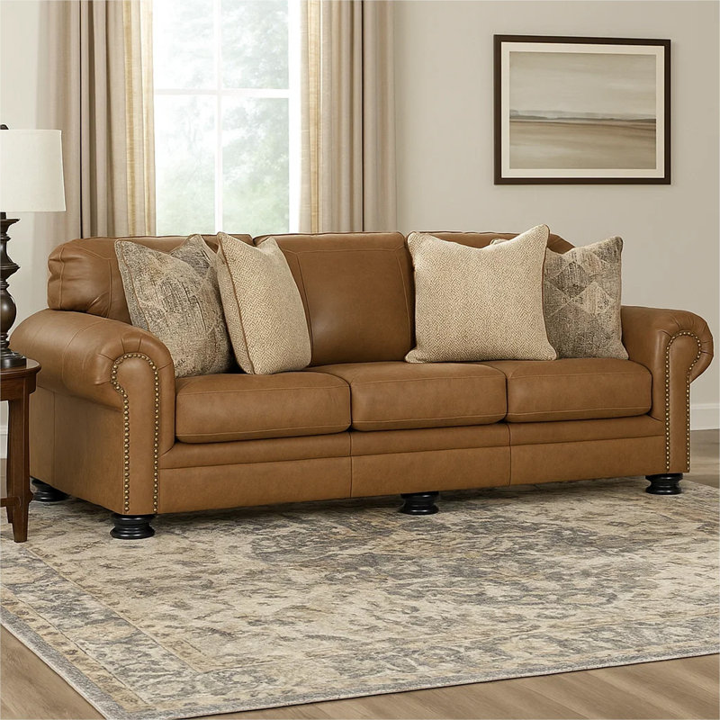 Sabeela 101'' Rolled Arm Sofa, Brown Faux Leather