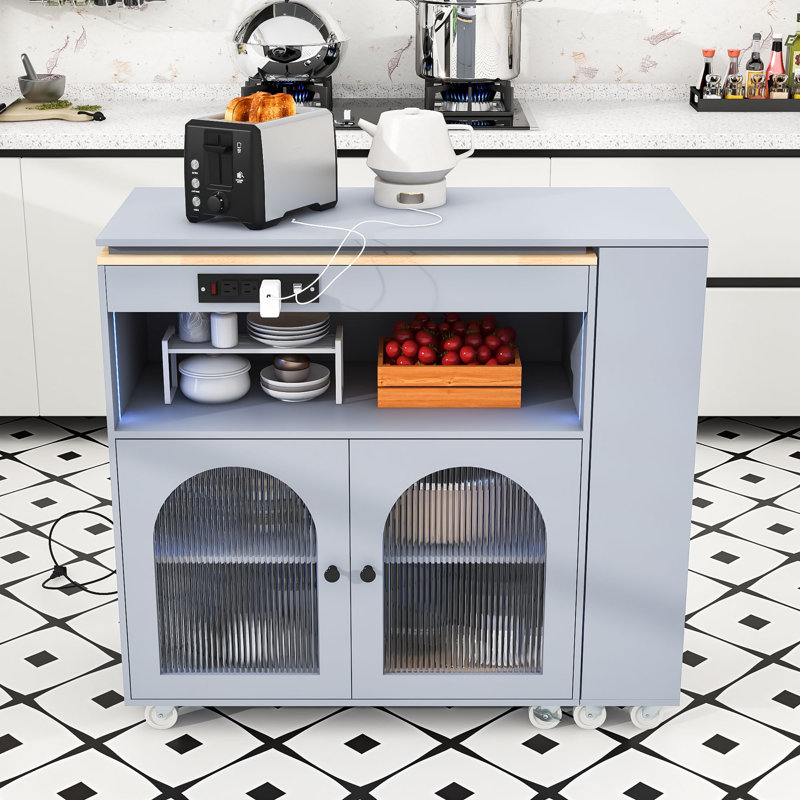 Rolling Kitchen Island with Extended Table, Kitchen Island with LED Light, Power Outlets and Storage, Gray Blue