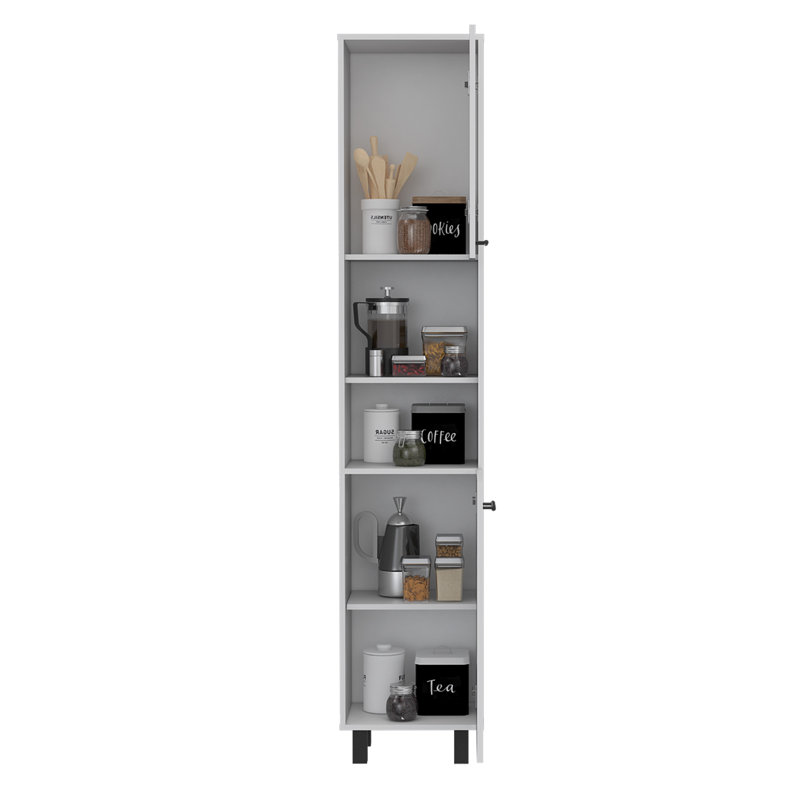 Hobart Pantry, Four Legs, Three Interior Shelves, Two Shelves, Two Cabinets, White
