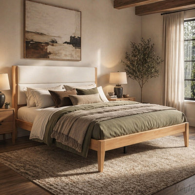 Mid-Century Platform Bed with Upholstered Headboard