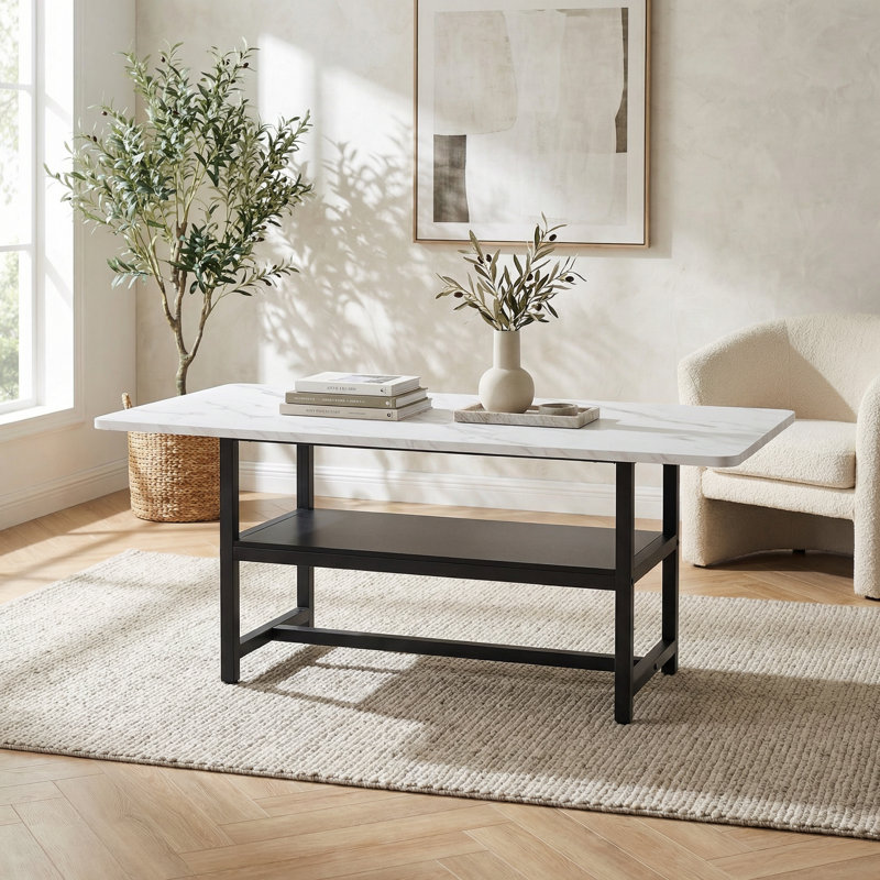 Table de salle à manger extensible moderne avec tablette de rangement intégrée et plateau de table blanc texturé, Blanc