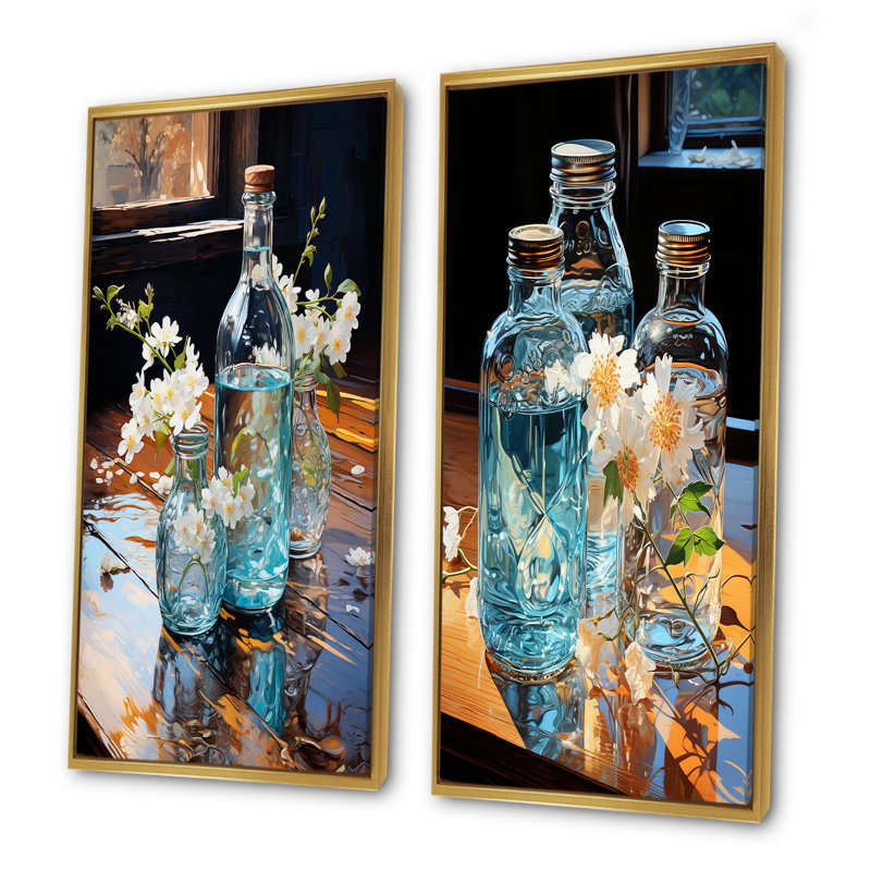 Blue Bottled Reflections - Ensemble de 2 décorations murales, Cadre flottant doré, H 40 po x l 41 po