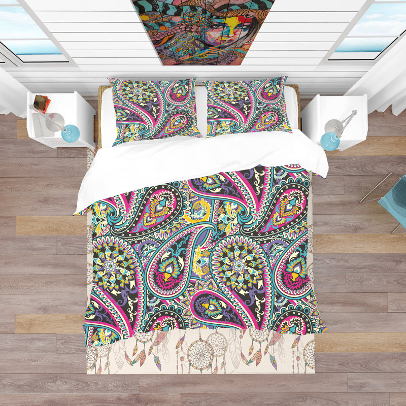 Pattern Based on Traditional Asian Elements Paisley - Eclectic Polyester Duvet Cover Set, King Duvet Cover + 2 Shams